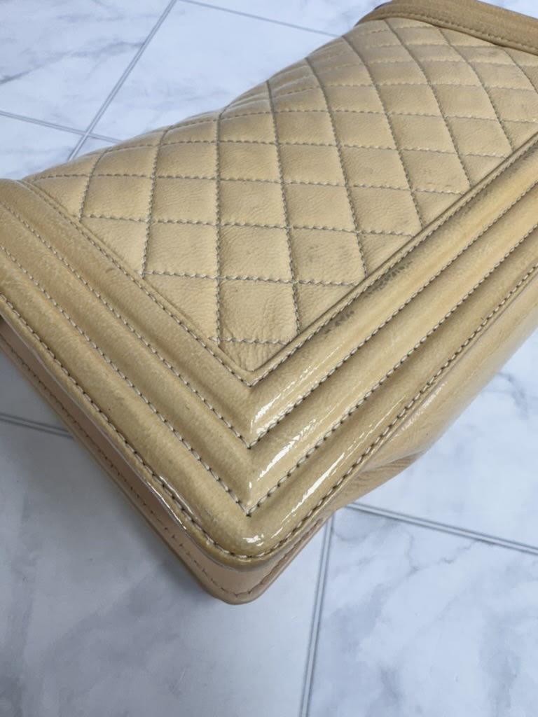 Chanel Beige Diamond Quilted Patent Leather Boy Bag