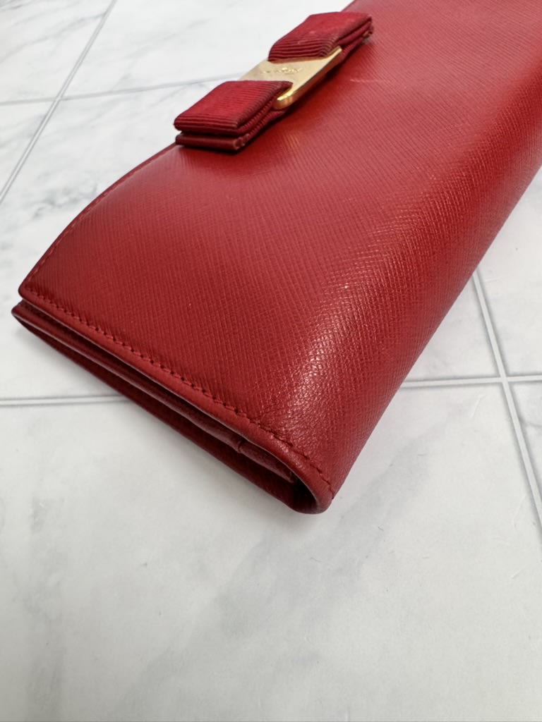 Salvatore Ferragamo Red Saffiano Leather Vara Bow Long Wallet