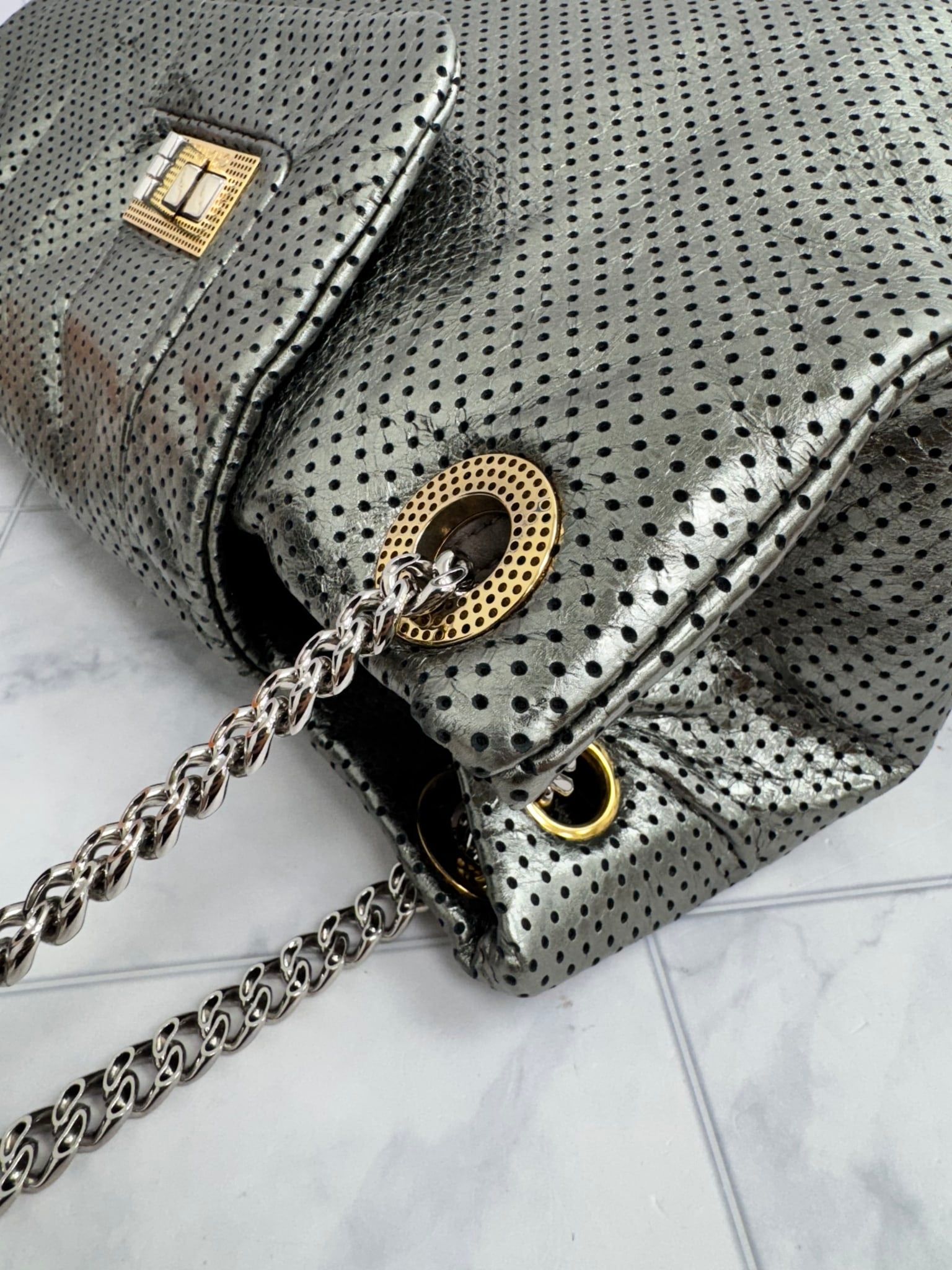 Chanel Metallic Silver Perforated Crackled Calfskin Large Drill Tote Bag