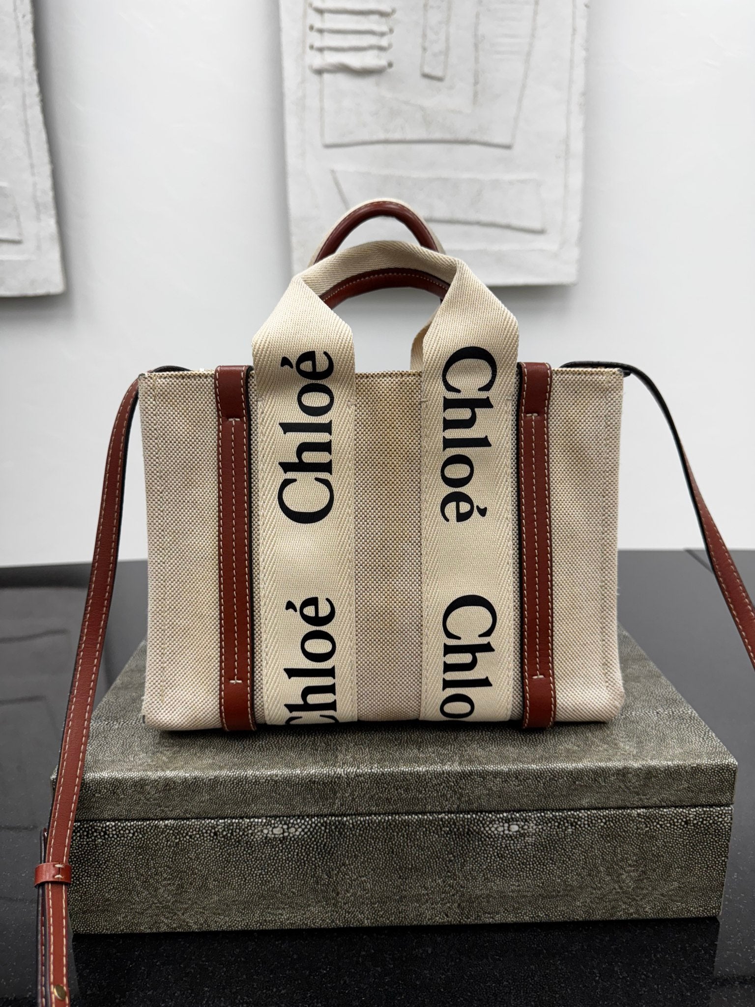 Chloe Beige Canvas Woody Small Tote Bag