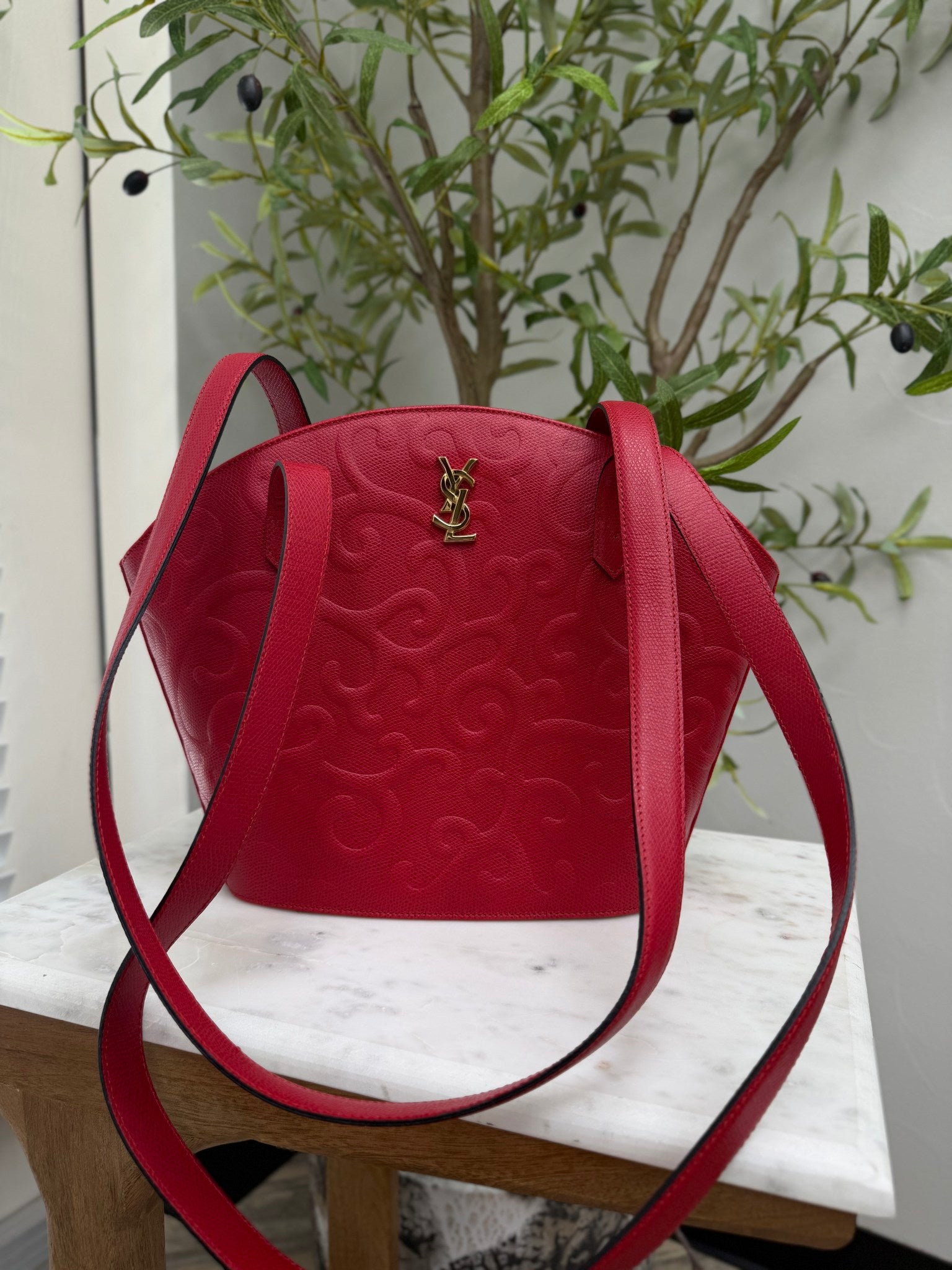 Saint Laurent YSL Red Embossed Leather Shoulder Bag