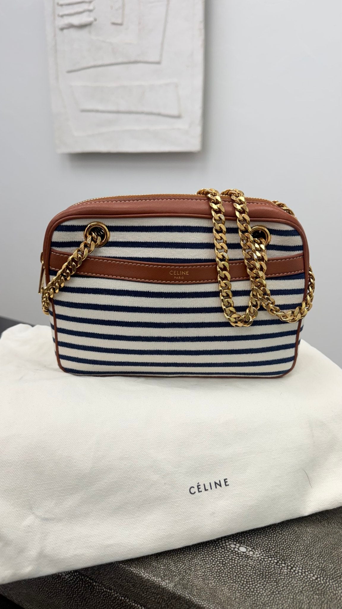 Celine White And Navy Jersey Chain Shoulder Bag 