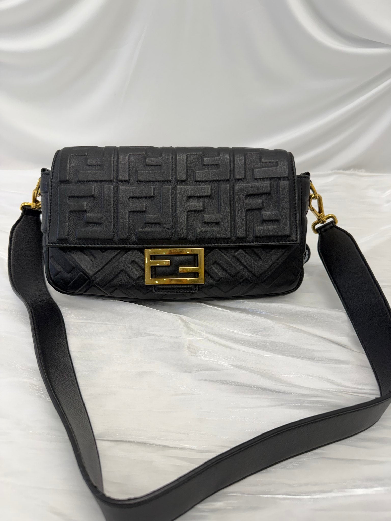 Fendi Black Embossed Nappa Leather FF Baguette Shoulder Bag 