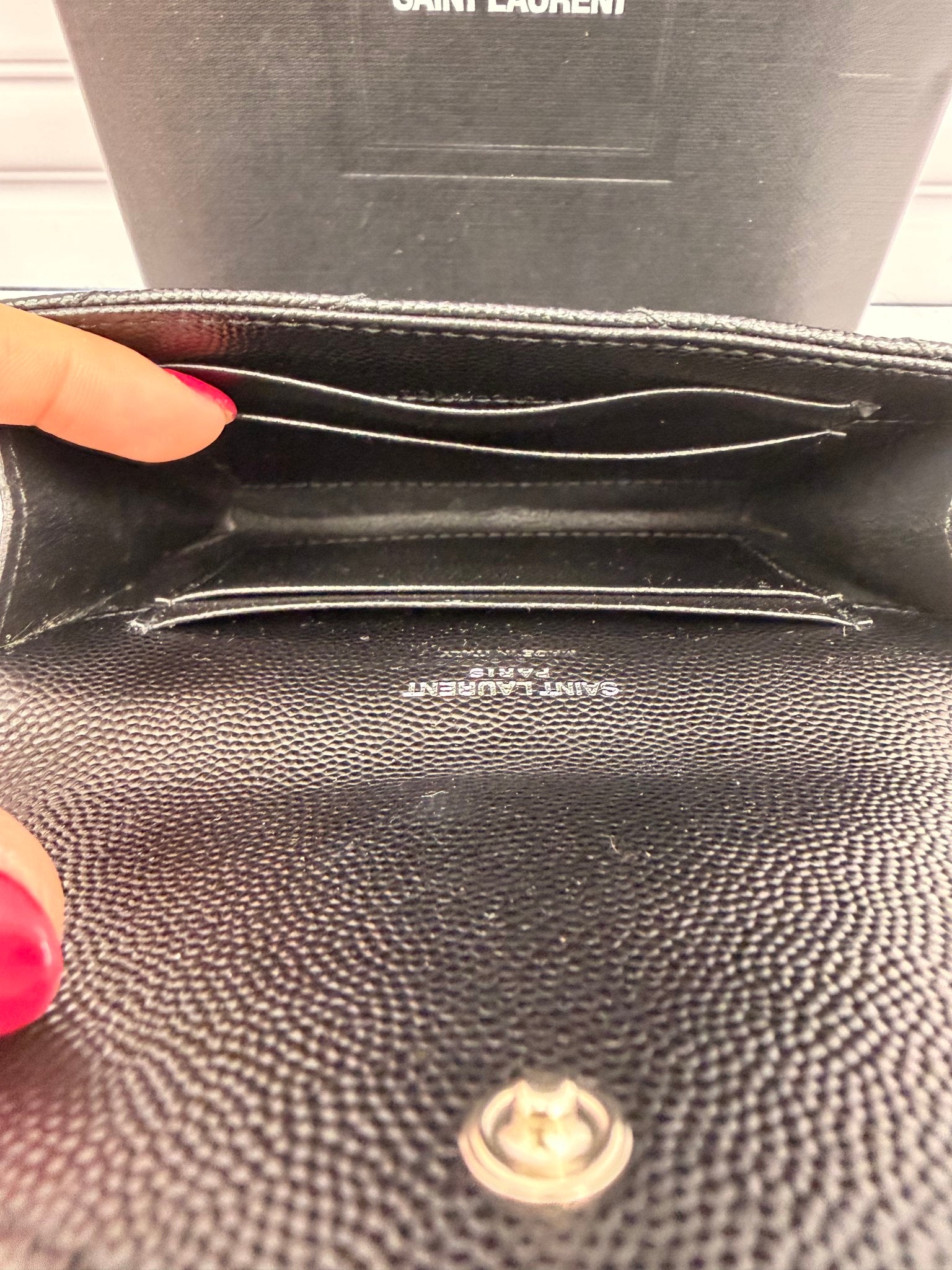 LIKE NEW - Saint Laurent YSL Black Grained Leather Cassandre Matelasse Small Envelope Wallet 