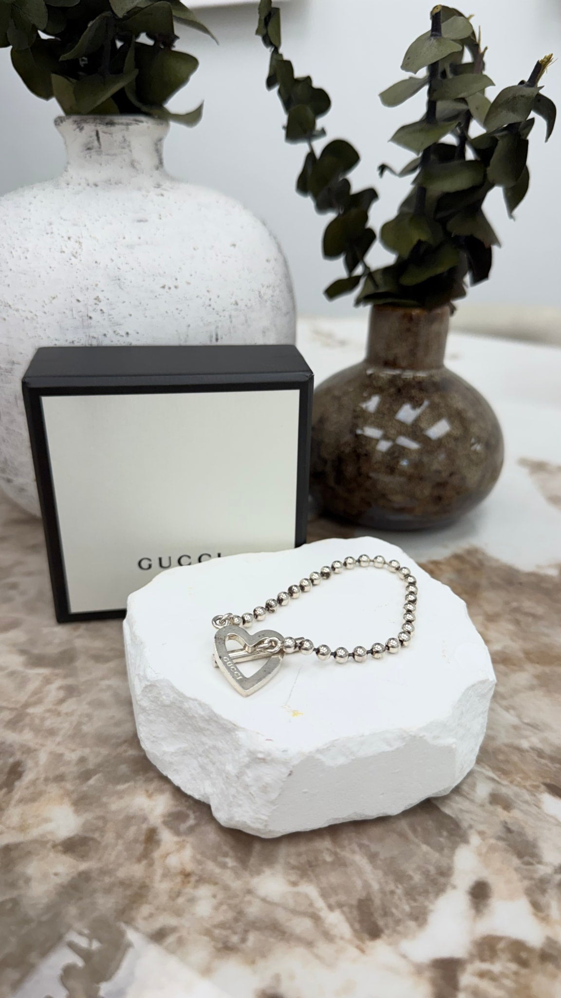 Gucci Sterling Silver Heart Ball Chain Bracelet