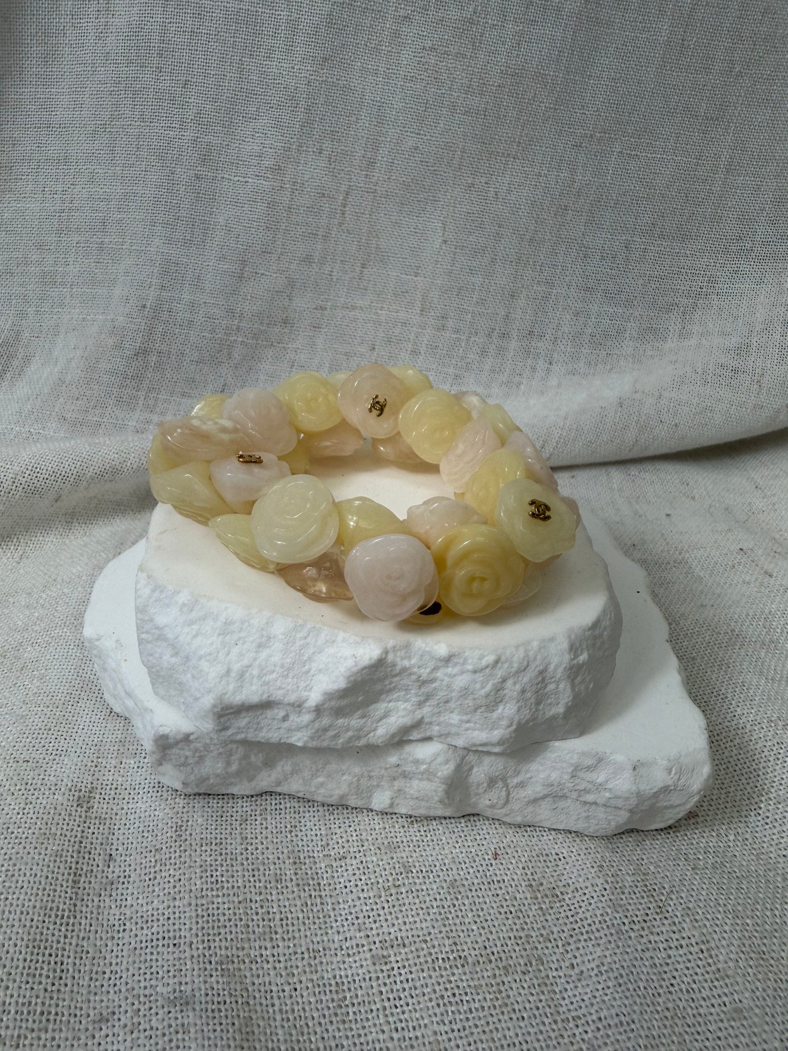 Chanel Ivory And Pink Resin Stretch Camellia Bracelet