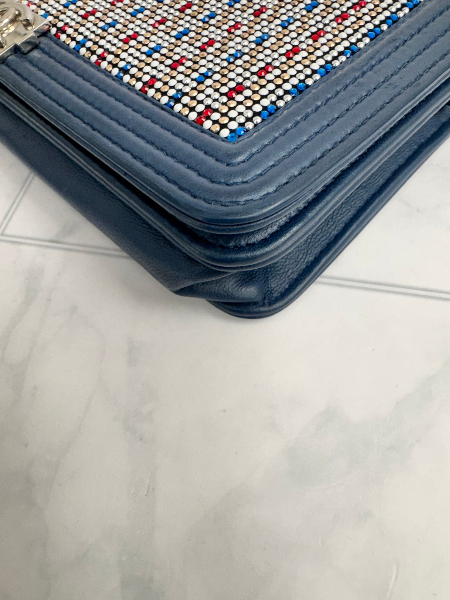 Chanel Blue Embellished Strass Boy Wallet On A Chain