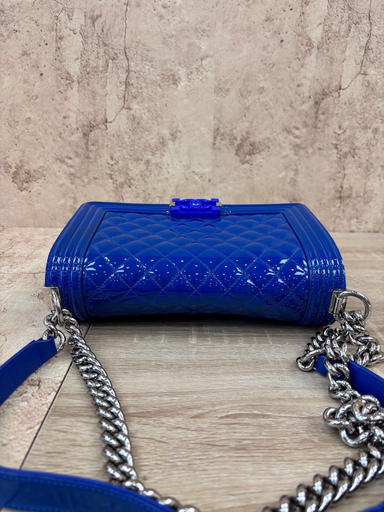 Chanel Blue Patent Leather Quilted Boy Bag