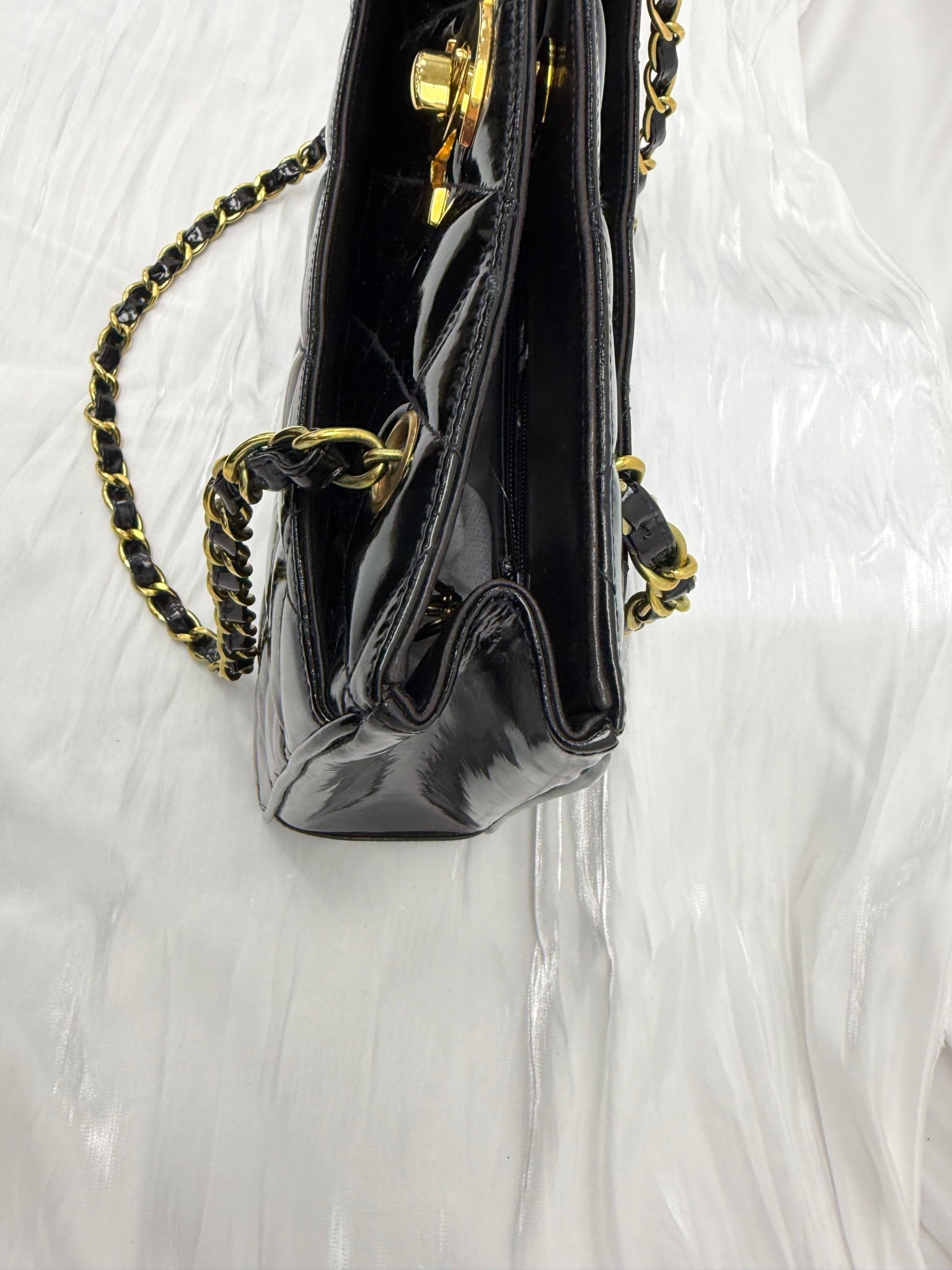 Chanel Black Patent Leather 24K XL Turnlock Chain Tote