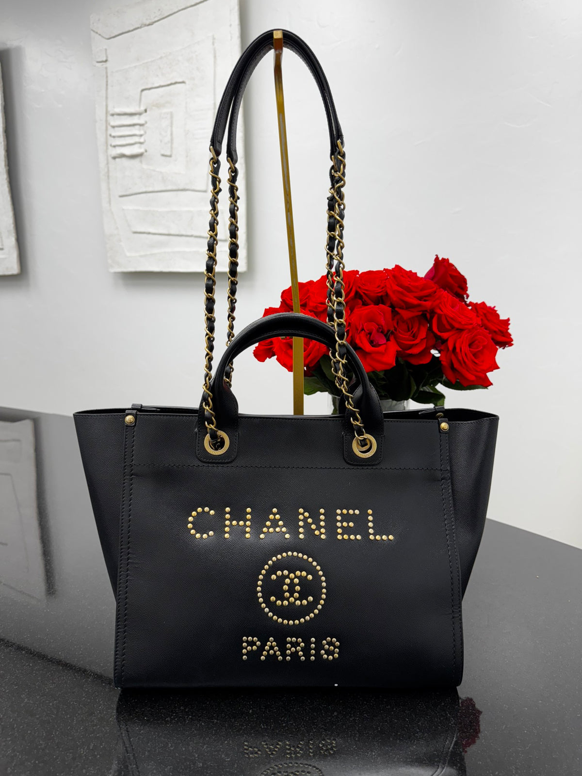 Chanel Black Caviar Leather Deauville Studded Small Tote Bag