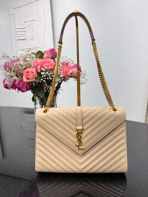 Saint Laurent YSL Beige Chevron Quilted Caviar Leather Large Monogram Envelope Chain Bag