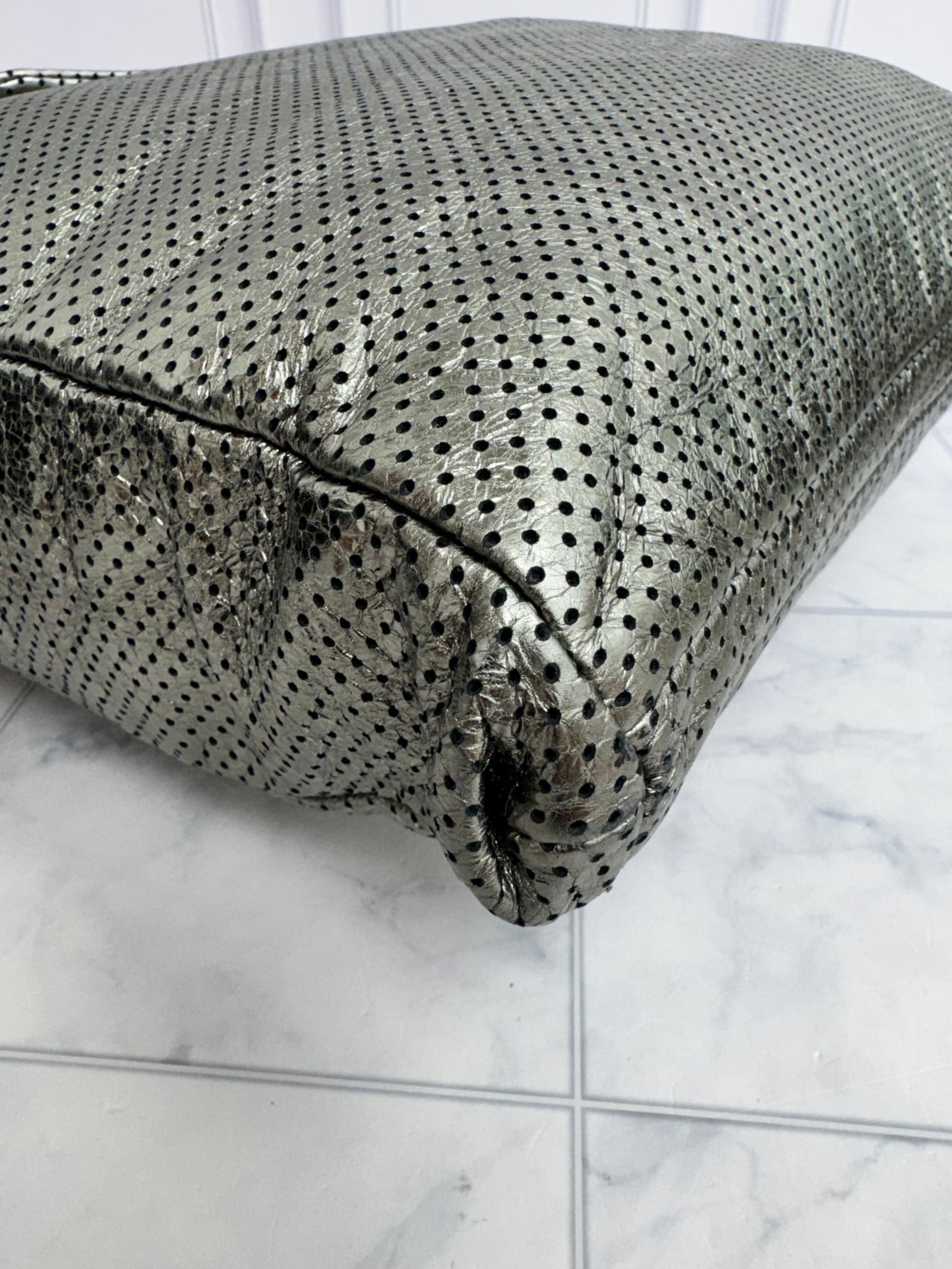 Chanel Metallic Silver Perforated Crackled Calfskin Large Drill Tote Bag