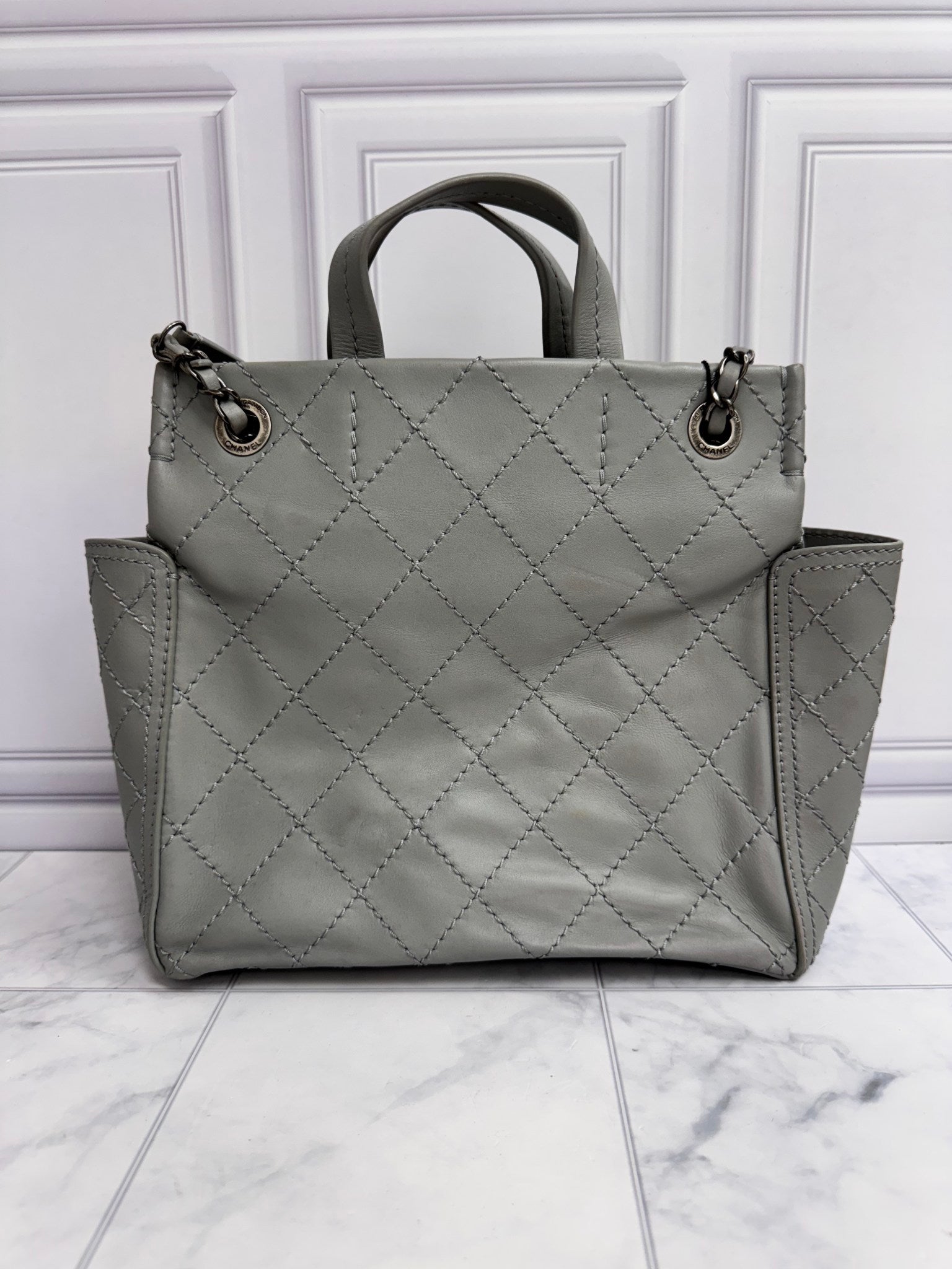 Chanel Grey Diamond Quilted CC Pocket Small Tote Bag