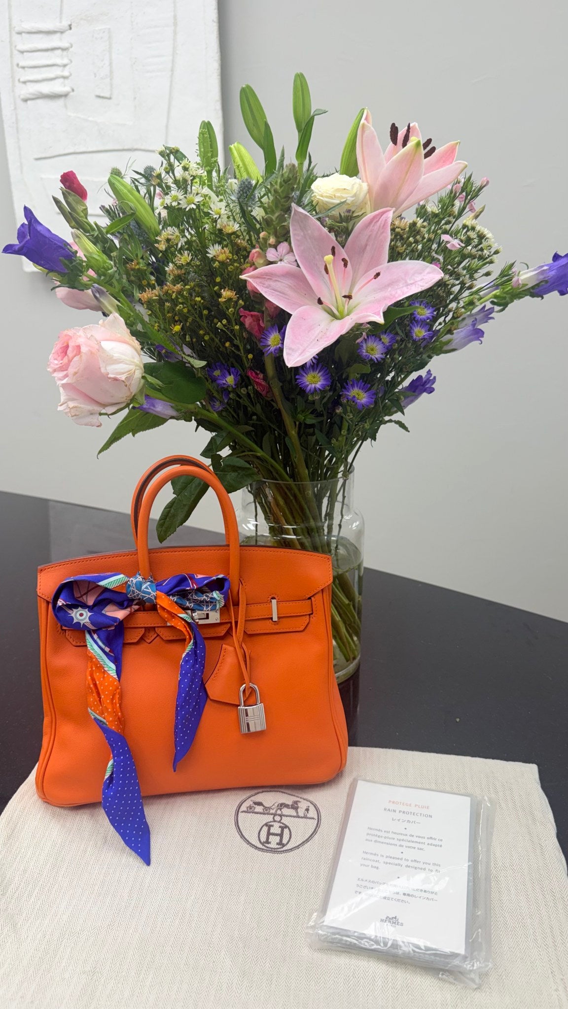 Hermes Orange Swift Leather Birkin 25 with Multicolor Silk Twilly 