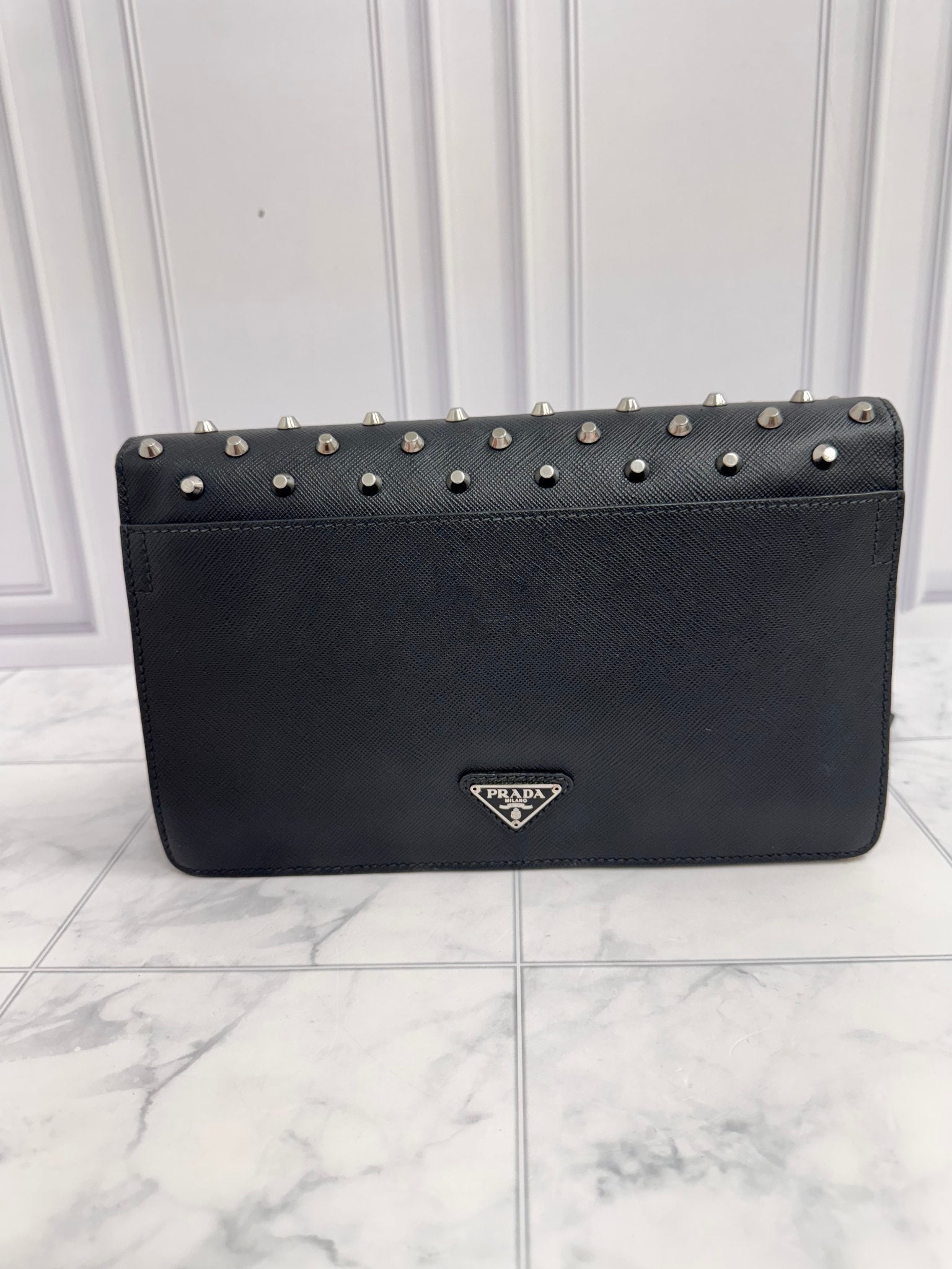 Prada Black Studded Saffiano Leather Clutch Bag
