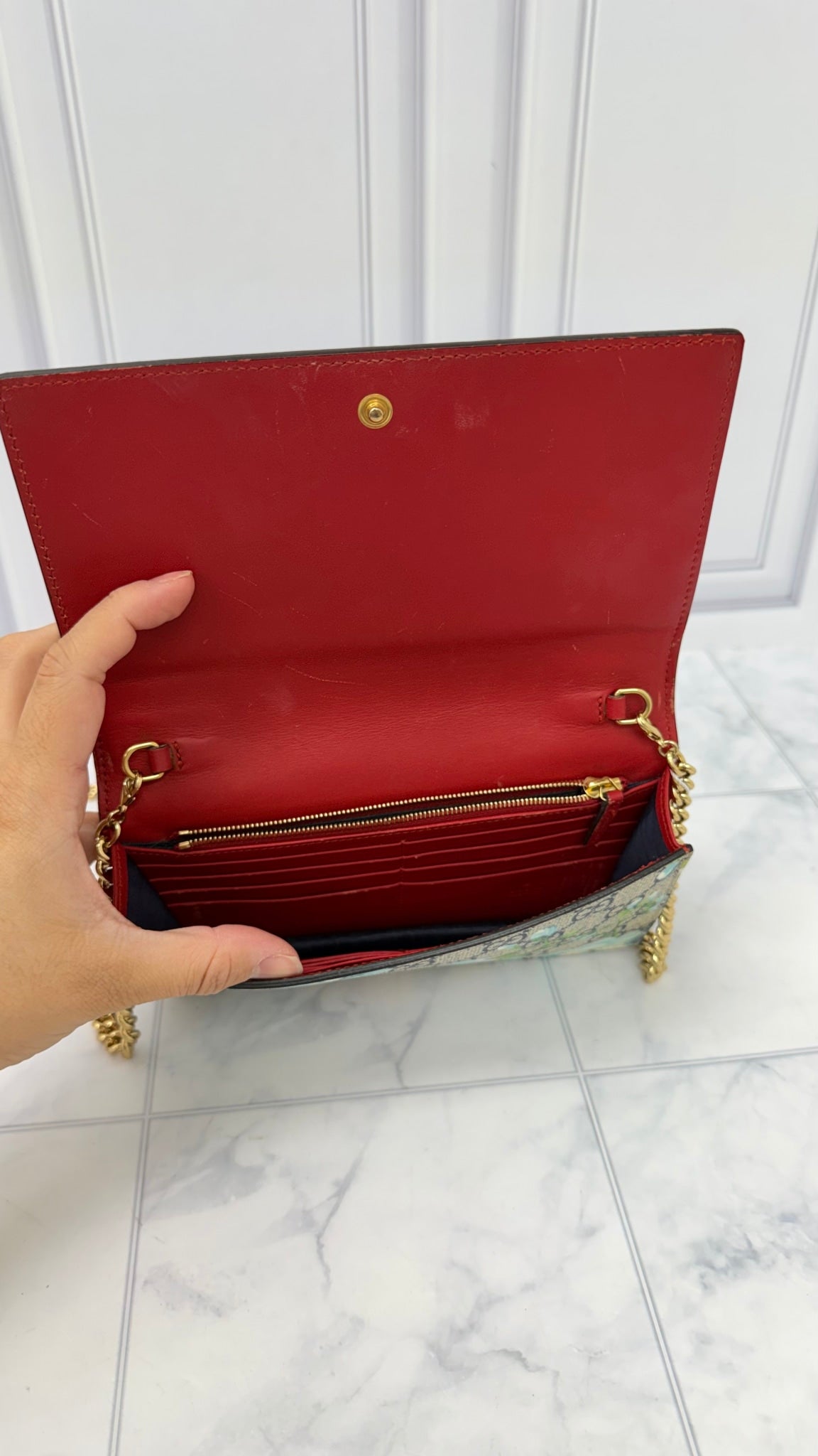 Gucci Blue GG Supreme Blooms Wallet on A Chain