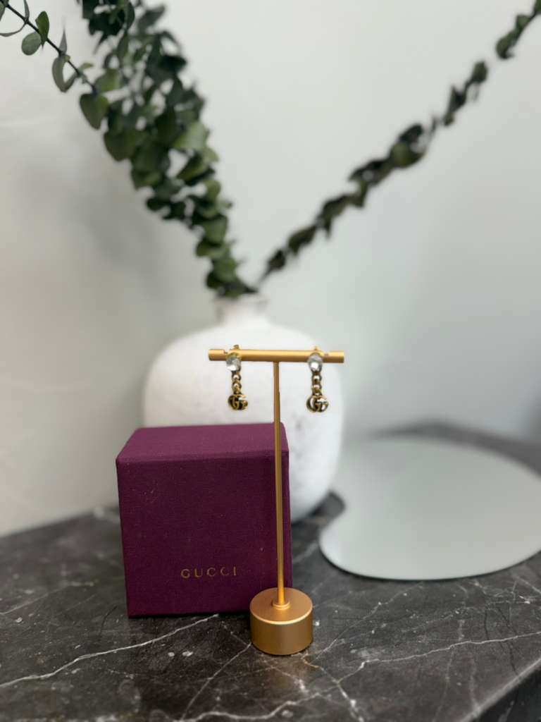 Gucci Gold Crystal Double G Drop Earrings 