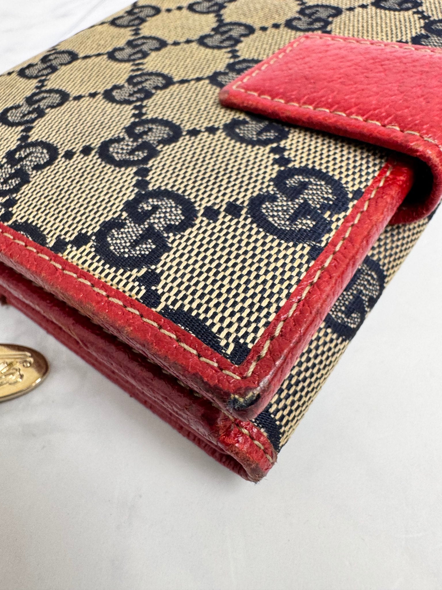 Gucci Blue GG Canvas And Red Trim Compact Wallet
