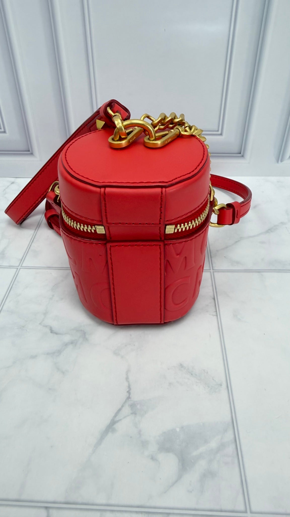 MCM Dark Coral Embossed Leather 2way Cylinder Bag