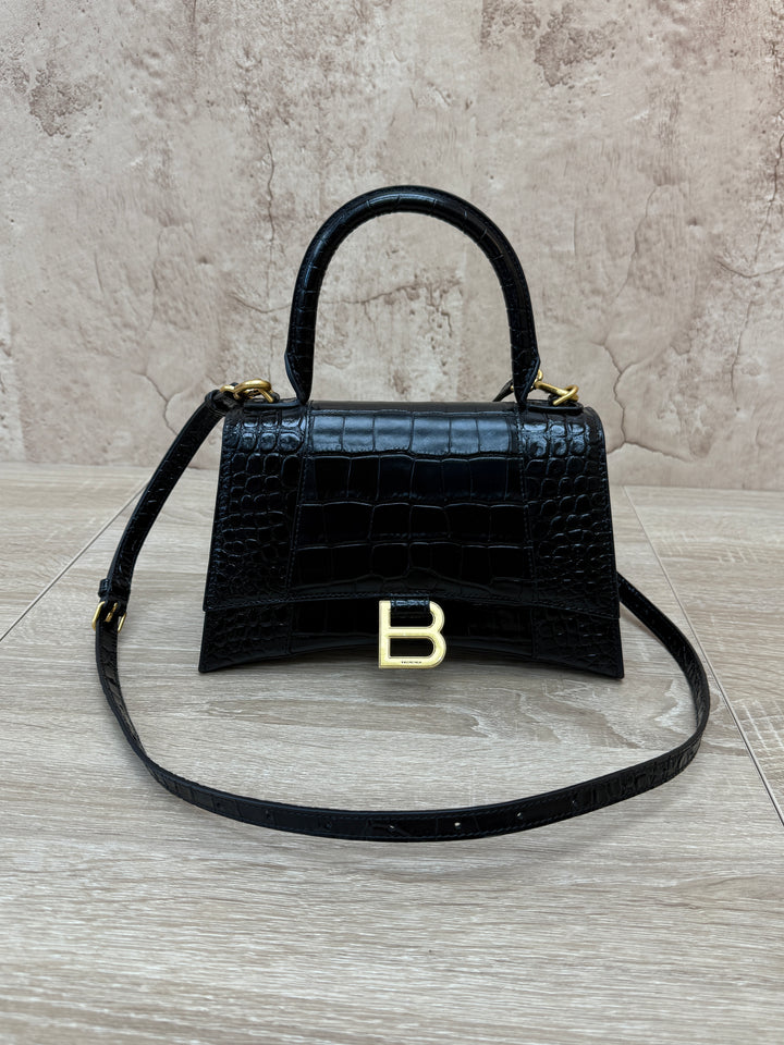 Balenciaga Black Croc Embossed Small Hourglass Top Handle Bag