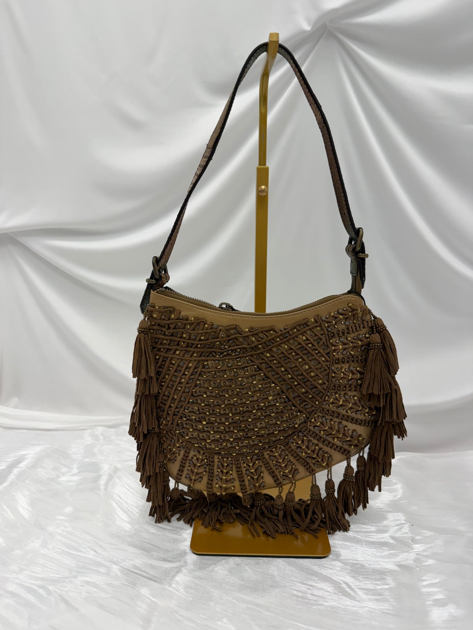 Fendi Brown Suede & Lizard Oyster Beaded Fringe Hobo Bag
