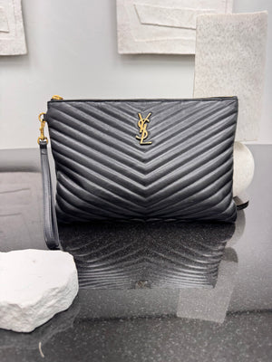 Saint Laurent YSL Black Chevron Quilted Leather Cassandre Large Pouch