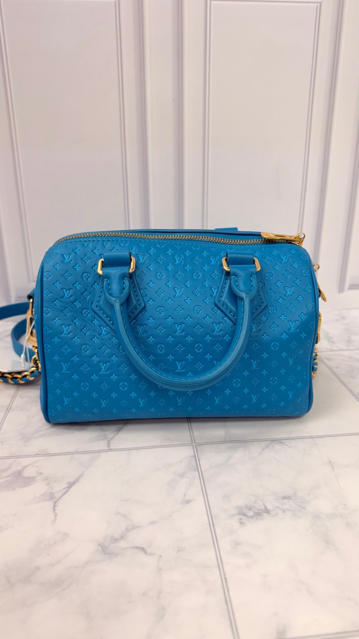 LIKE NEW - Louis Vuitton Bright Blue Calfskin Nanogram Embossed Speedy Bandouliere 20