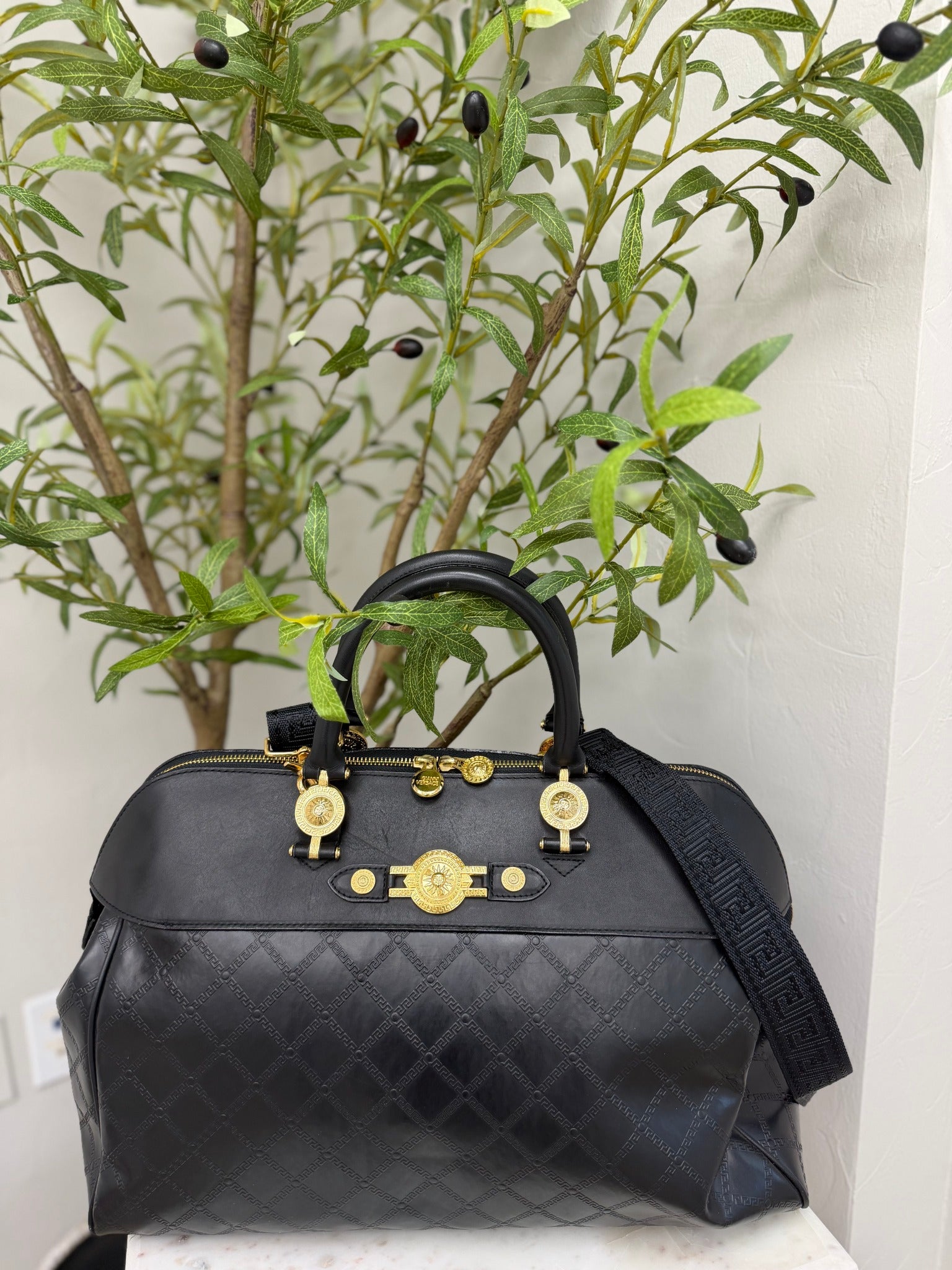 Versace Black Leather Sunburst Boston Bag 