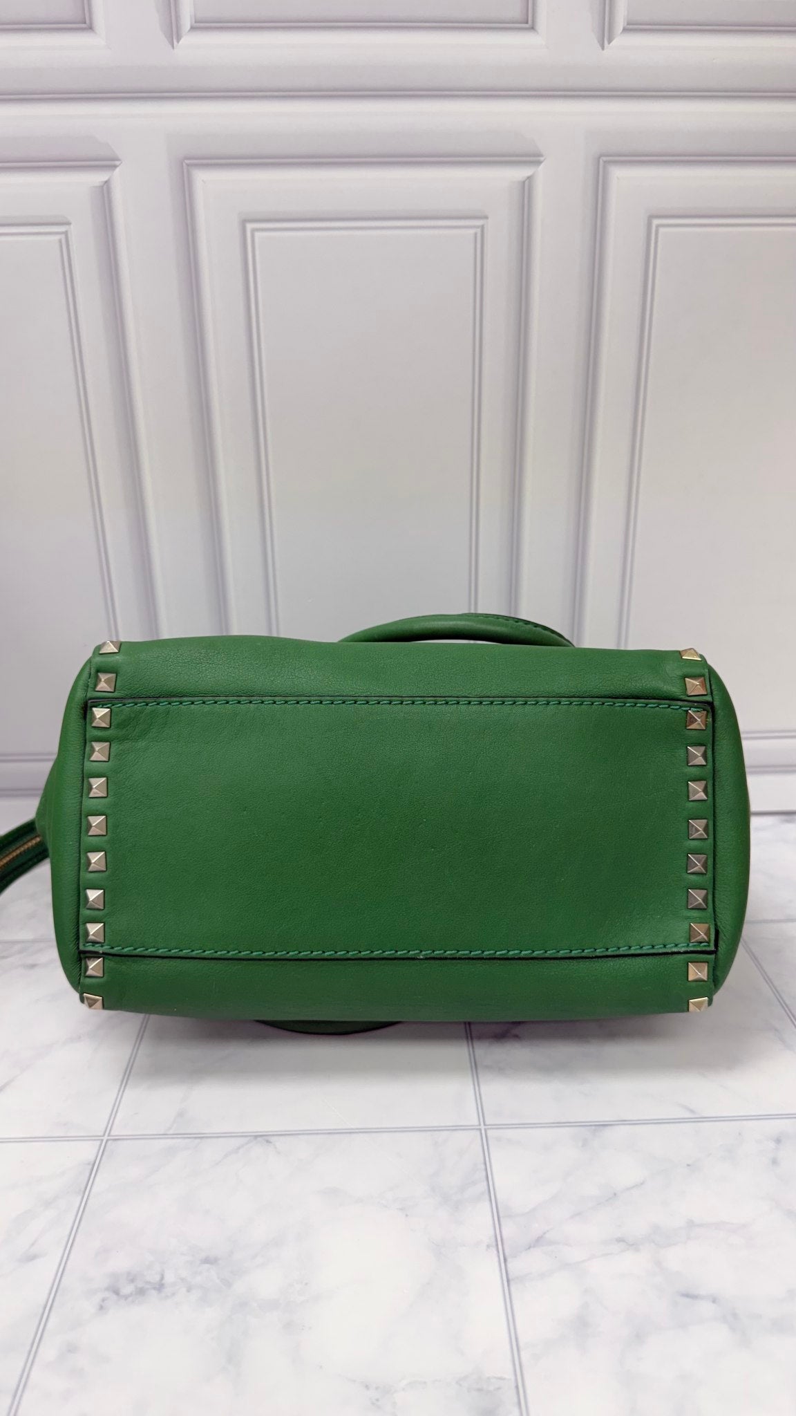 Valentino Green Leather Rockstud Trapeze Tote Bag 