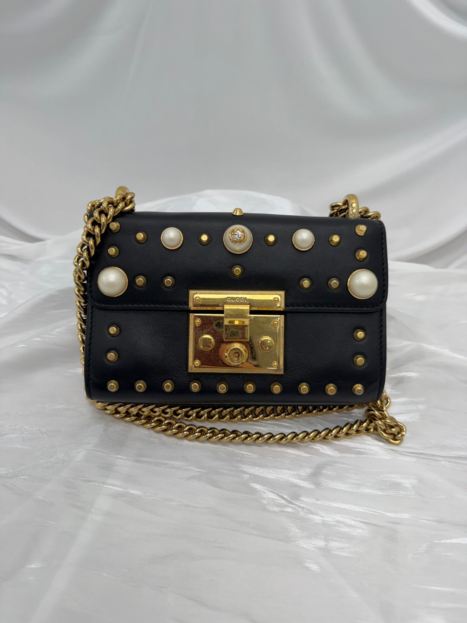 Gucci Black Leather Small Studded Pearl Padlock Bag