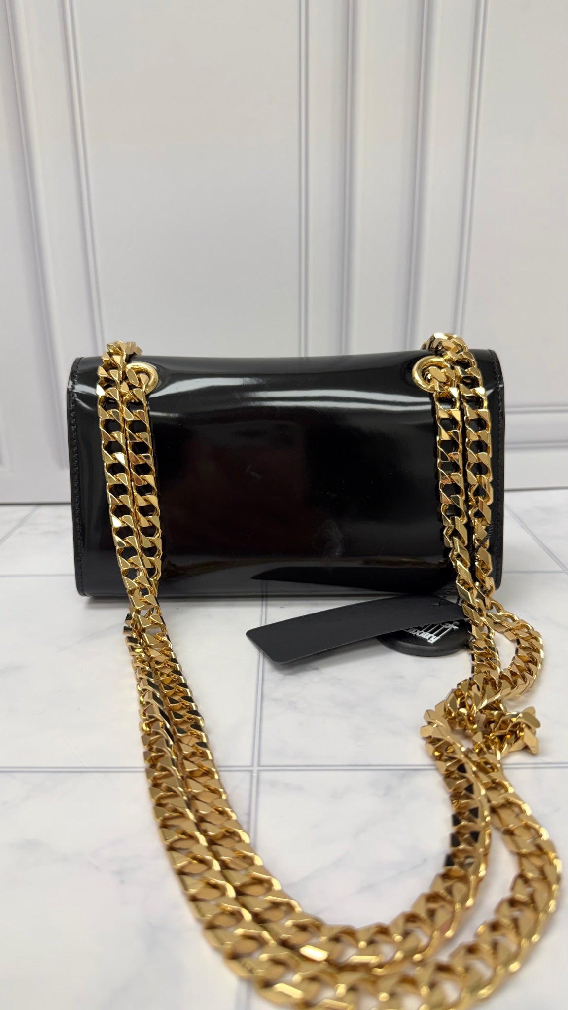 Dolce and Gabbana Black Patent Leather Chain Shoulder Bag 