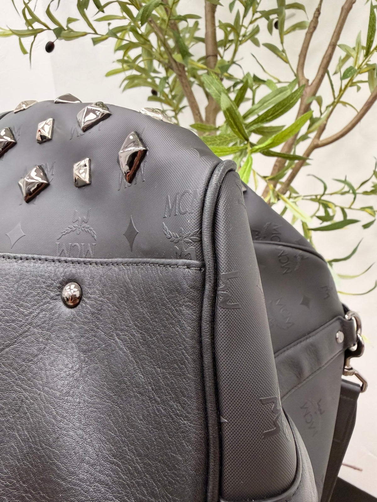 MCM Black Leather Studded Travel Duffle Bag 