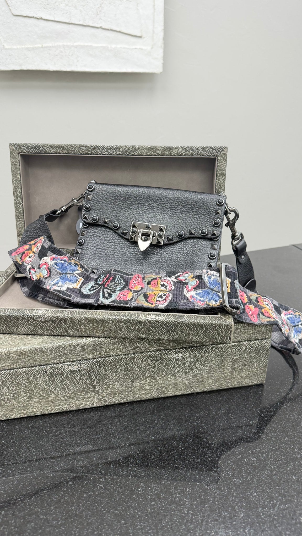 Valentino Black Grained Leather Studded Crossbody