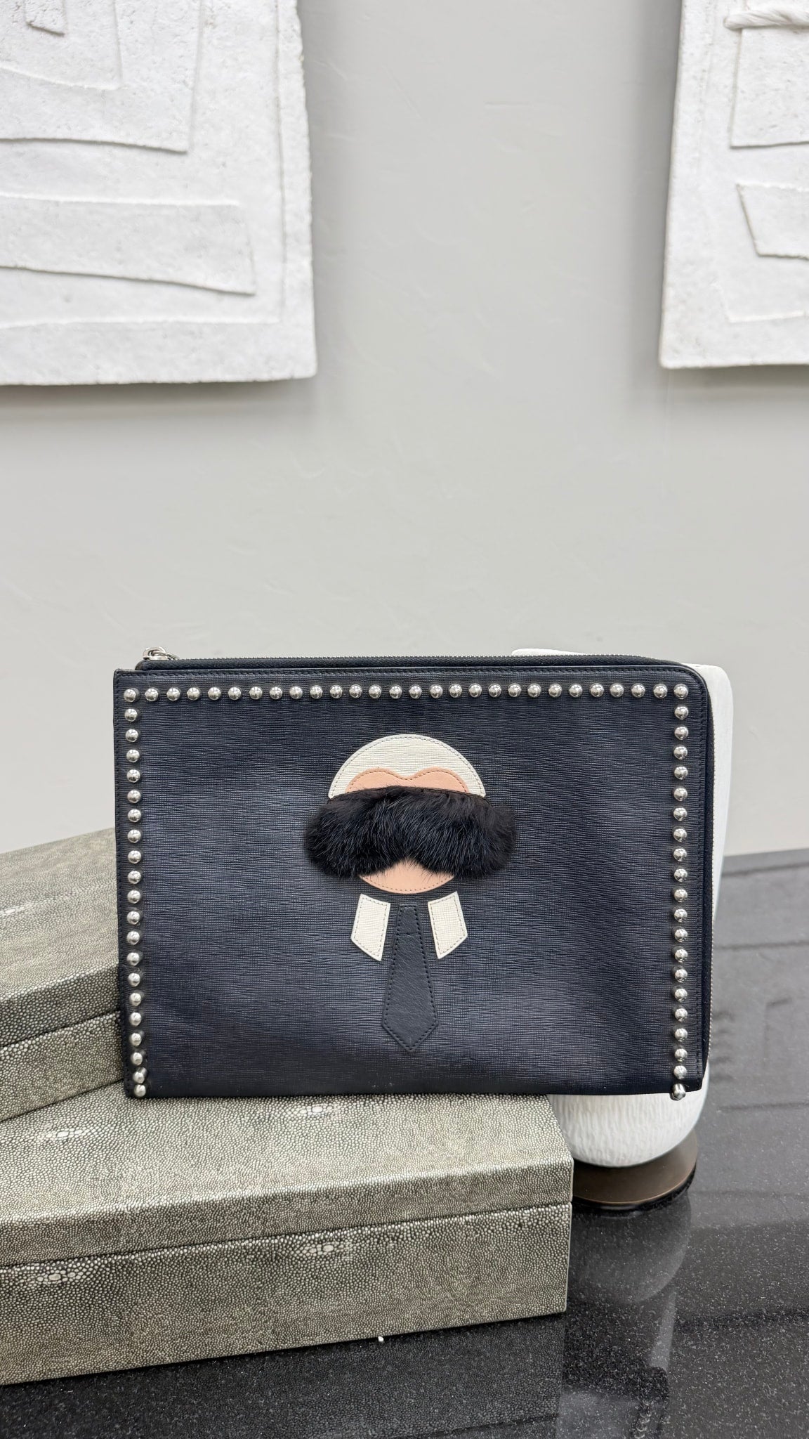 Fendi Black Leather Karlito Studded Flat Clutch Bag