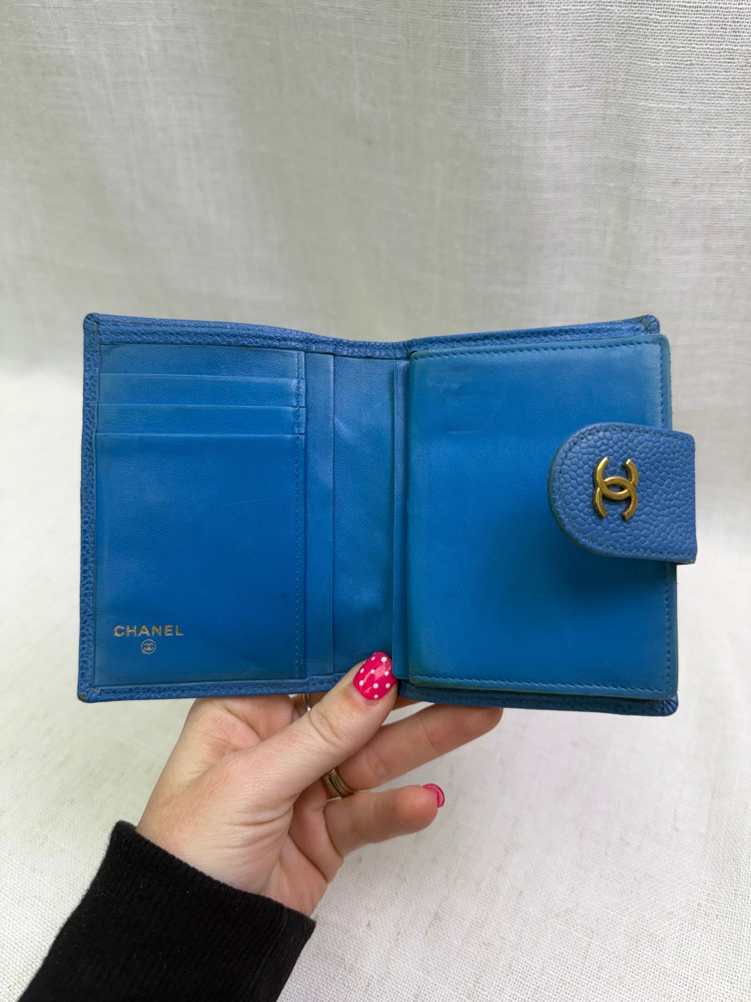 Chanel Blue Quilted Caviar Kisslock Compact Wallet