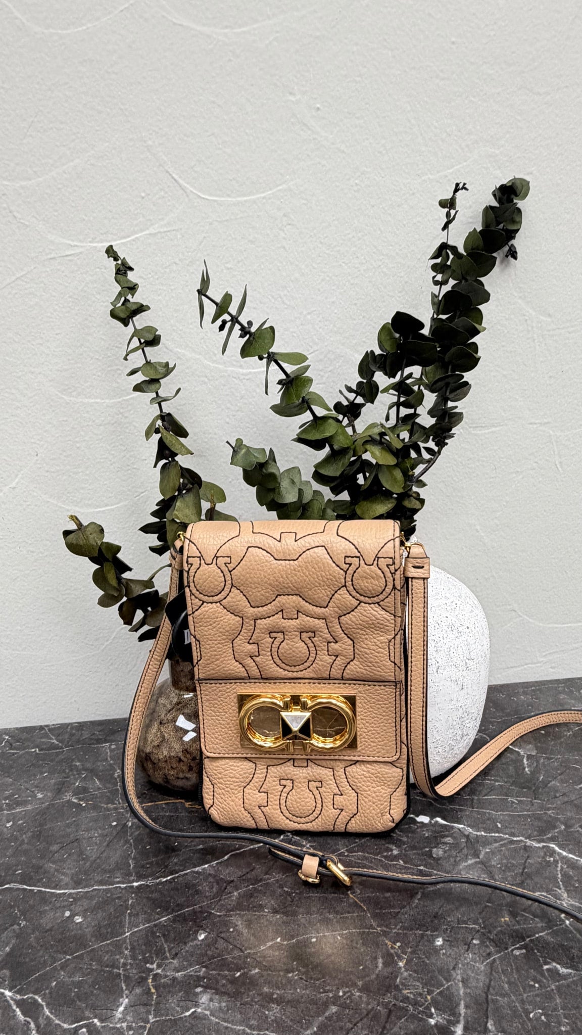 Salvatore Ferragamo Beige Grained Leather Phone Crossbody