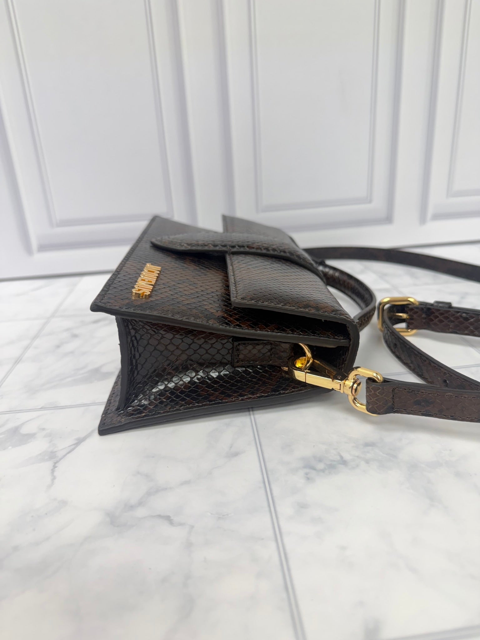 BRAND NEW - Jacquemus Brown Snakeskin Embossed Leather Le Grand Bambino 2Way Handbag