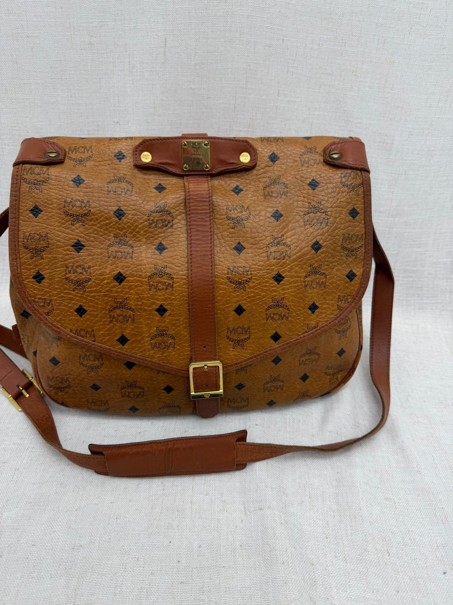 MCM Cognac Visetos Leather Messenger Bag