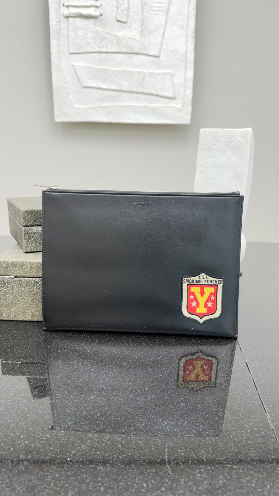 Saint Laurent YSL Black Leather "Paris Smoking Forever" Pouch