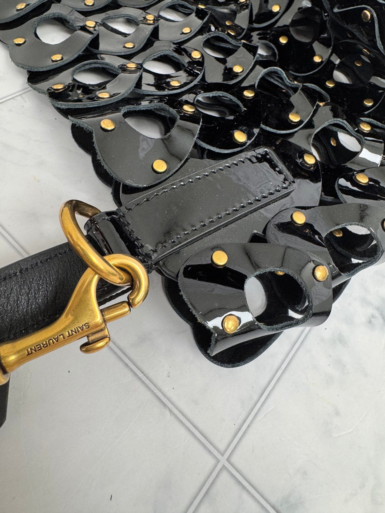 Saint Laurent YSL Black Perforated Patent Leather Seau Bucket Bag