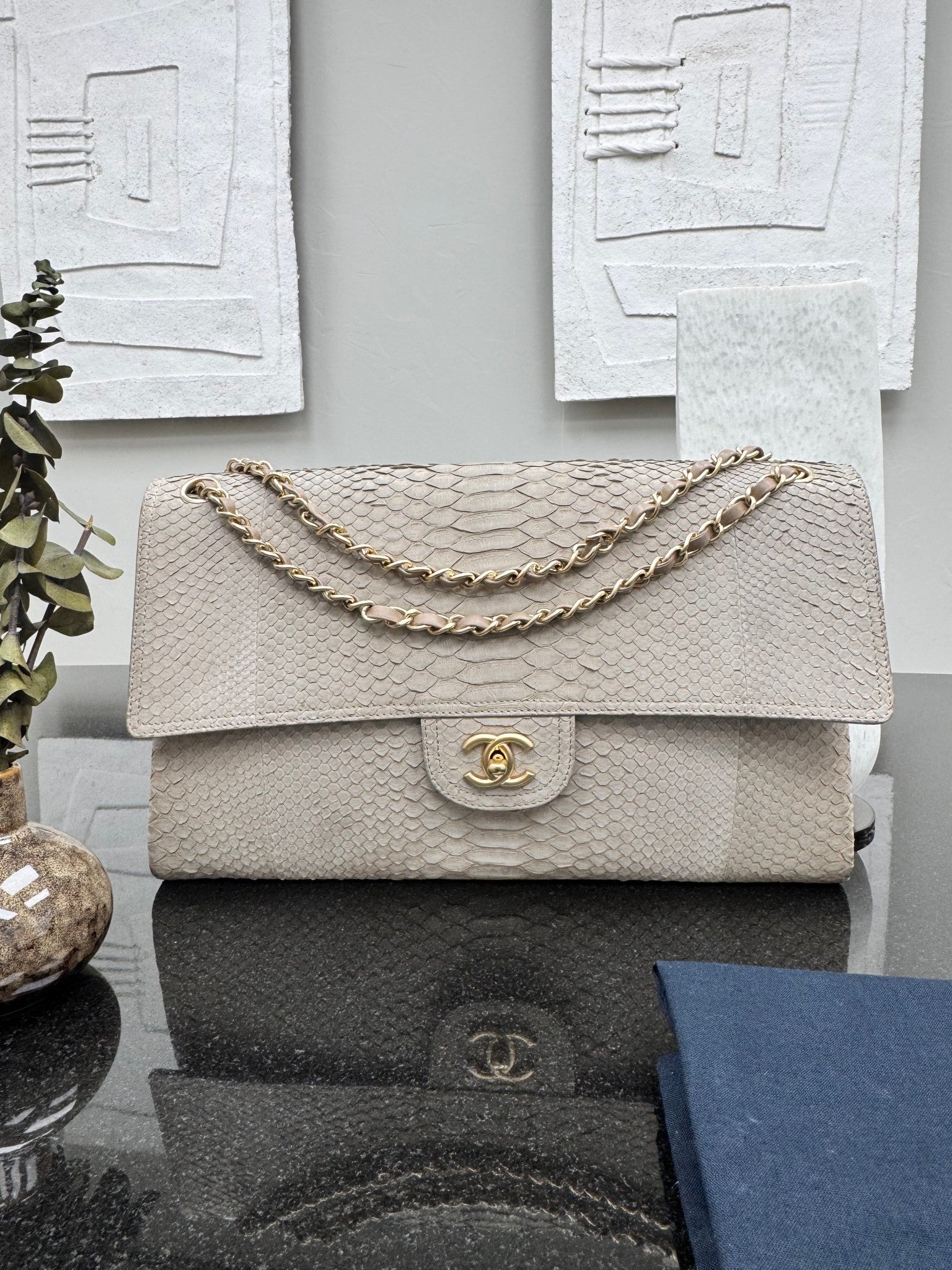Chanel Grey Python Maxi Single Flap Bag