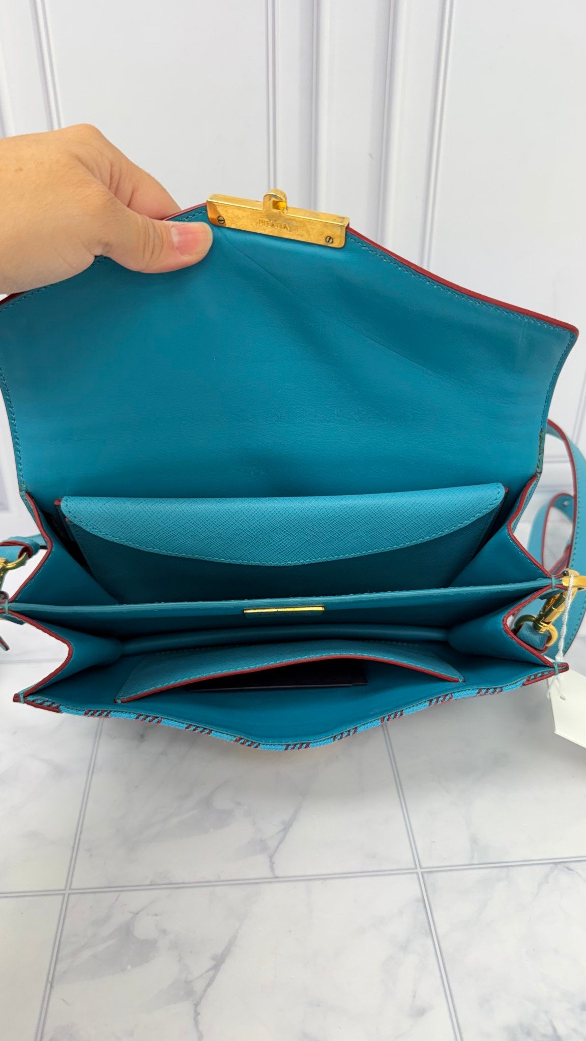 Prada Blue And Burgundy Canvas Leather Checkered Crossbody Bag 