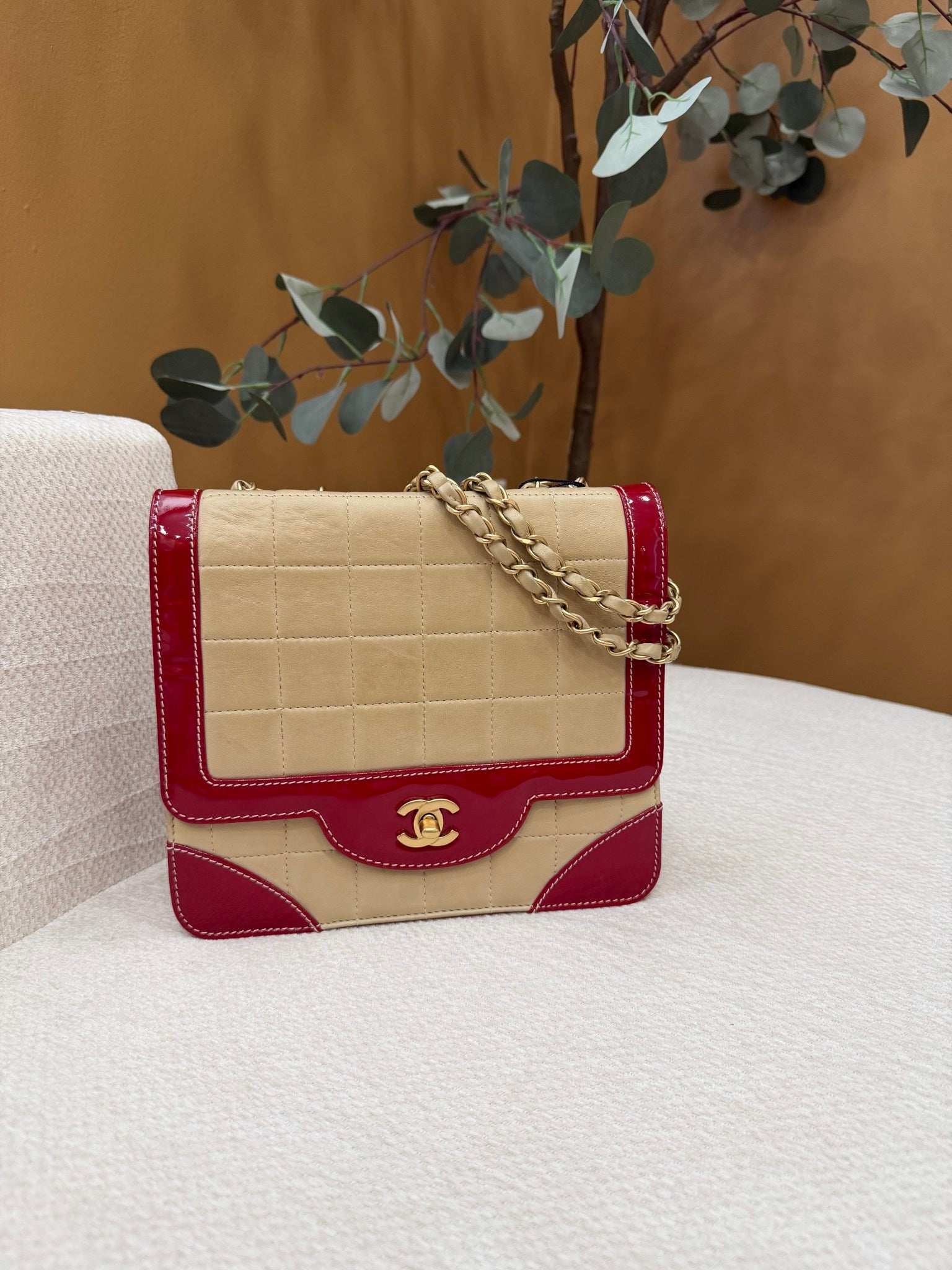 Chanel Tan Lambskin And Red Patent Leather Chocolate Bar Square Flap Bag