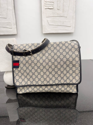 Gucci Navy Blue GG Supreme Web Flap Messenger Bag