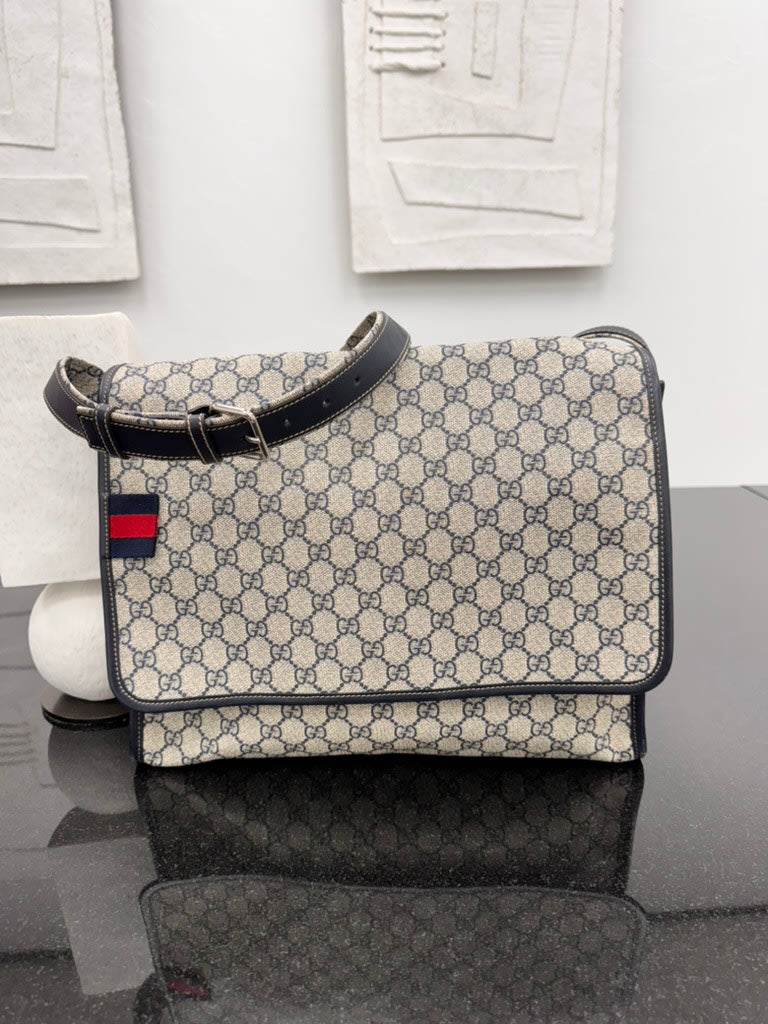 Gucci Navy Blue GG Supreme Web Flap Messenger Bag