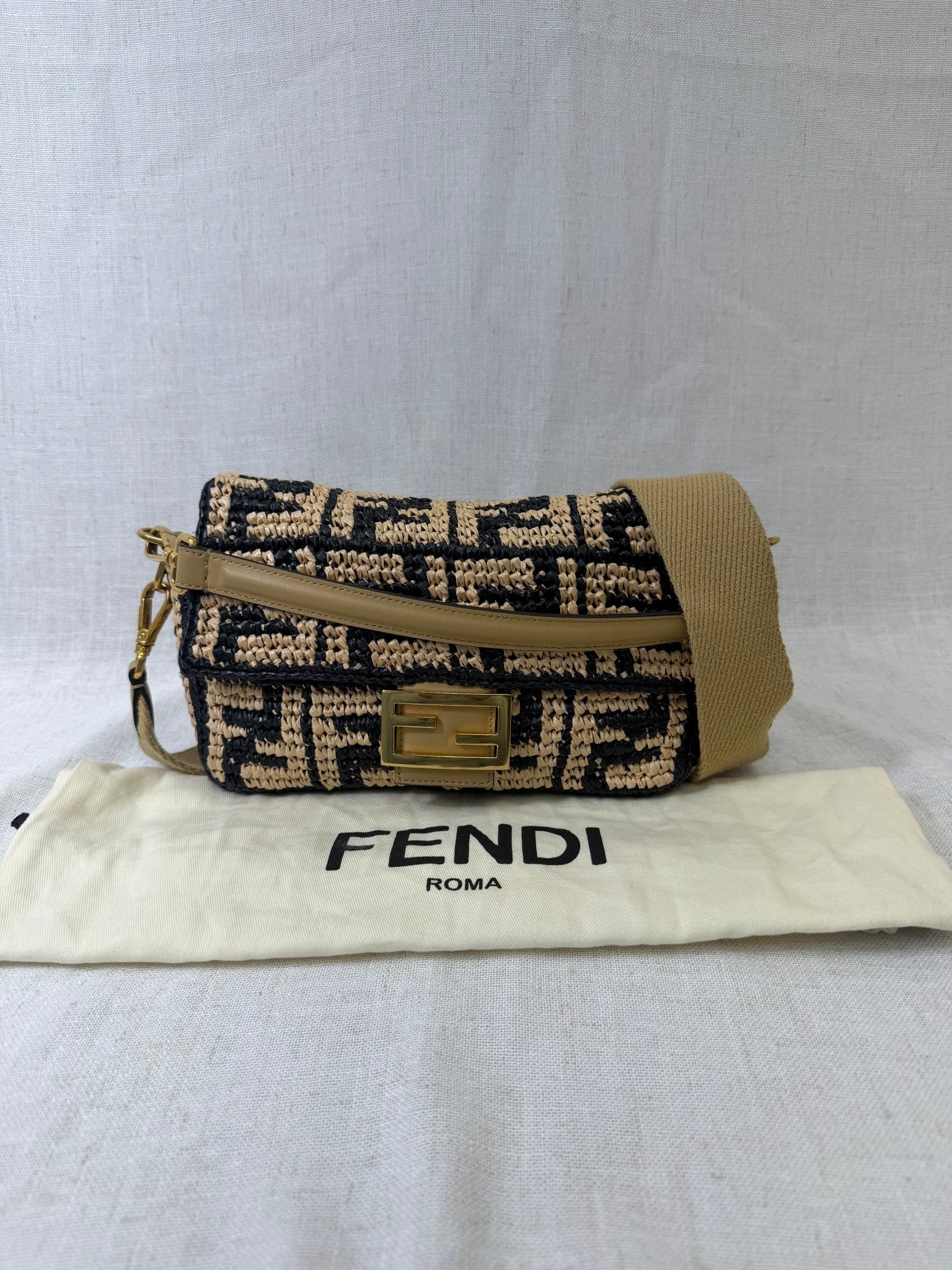 Fendi Navy And Tan Raffia FF Vitello Grace Baguette Handbag 