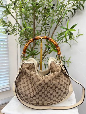 Gucci GG Canvas White Leather Bamboo Peggy Shoulder Bag
