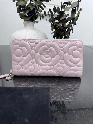 Chanel Pink Camellia Embossed Calfskin Leather Zippy Wallet