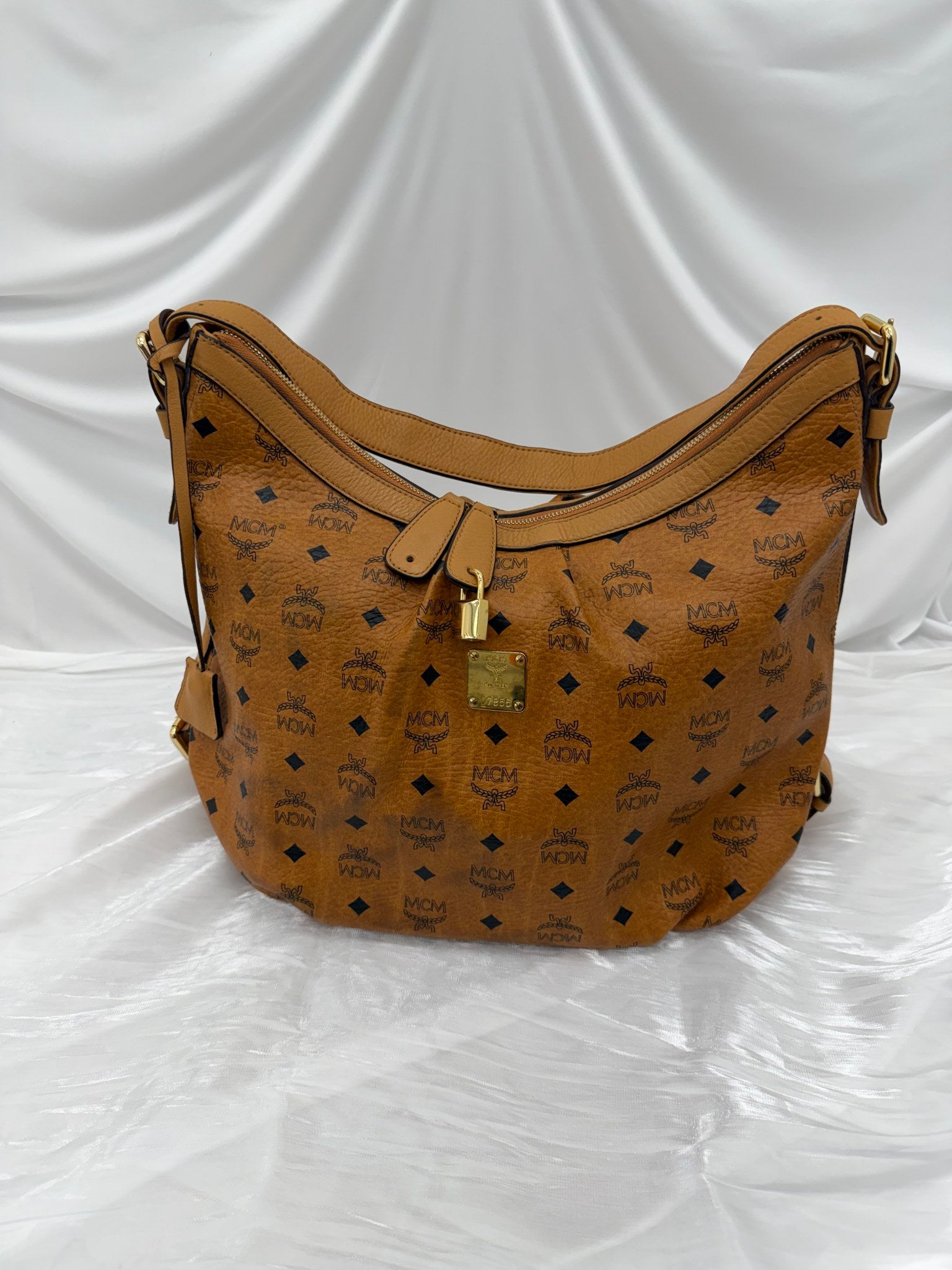 MCM Cognac Coated Canvas Large Hobo Bag
