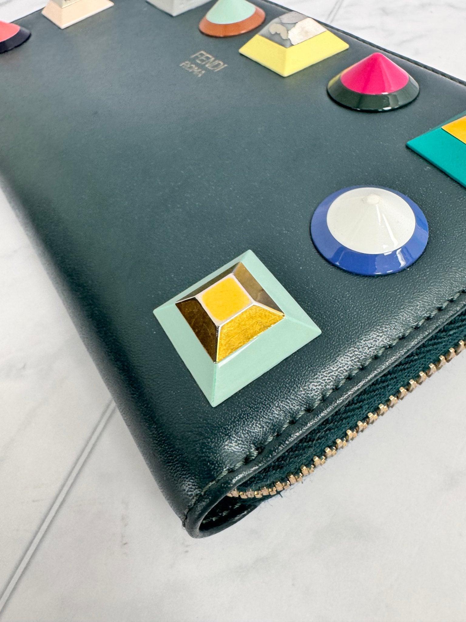 Fendi Green Studded Long Zippy Wallet